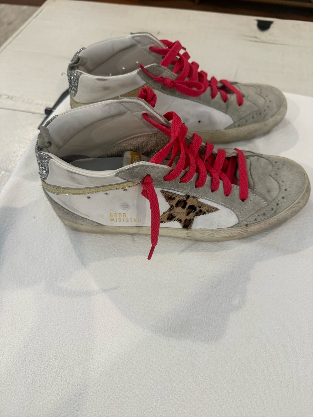 Golden Goose Mid-Star Top Women's Sneakers in White, Gray & Pink,Leopard Star
